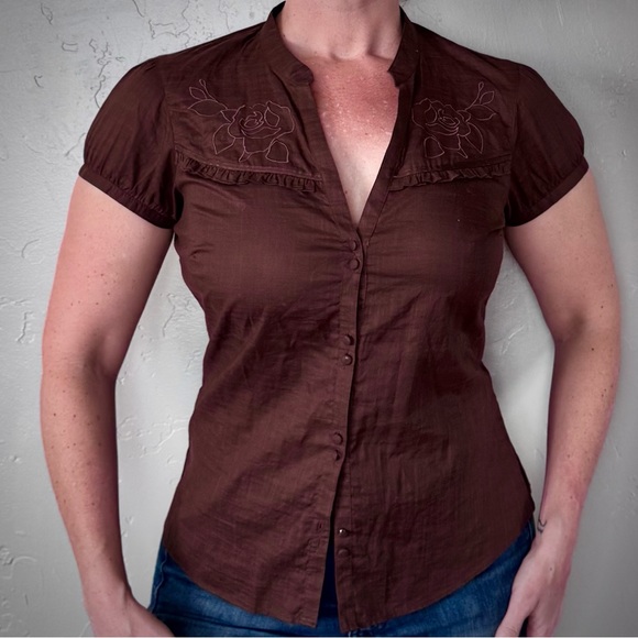 Merona Tops - Merona Brown Floral Embroidered Short Sleeve Button Up Shirt